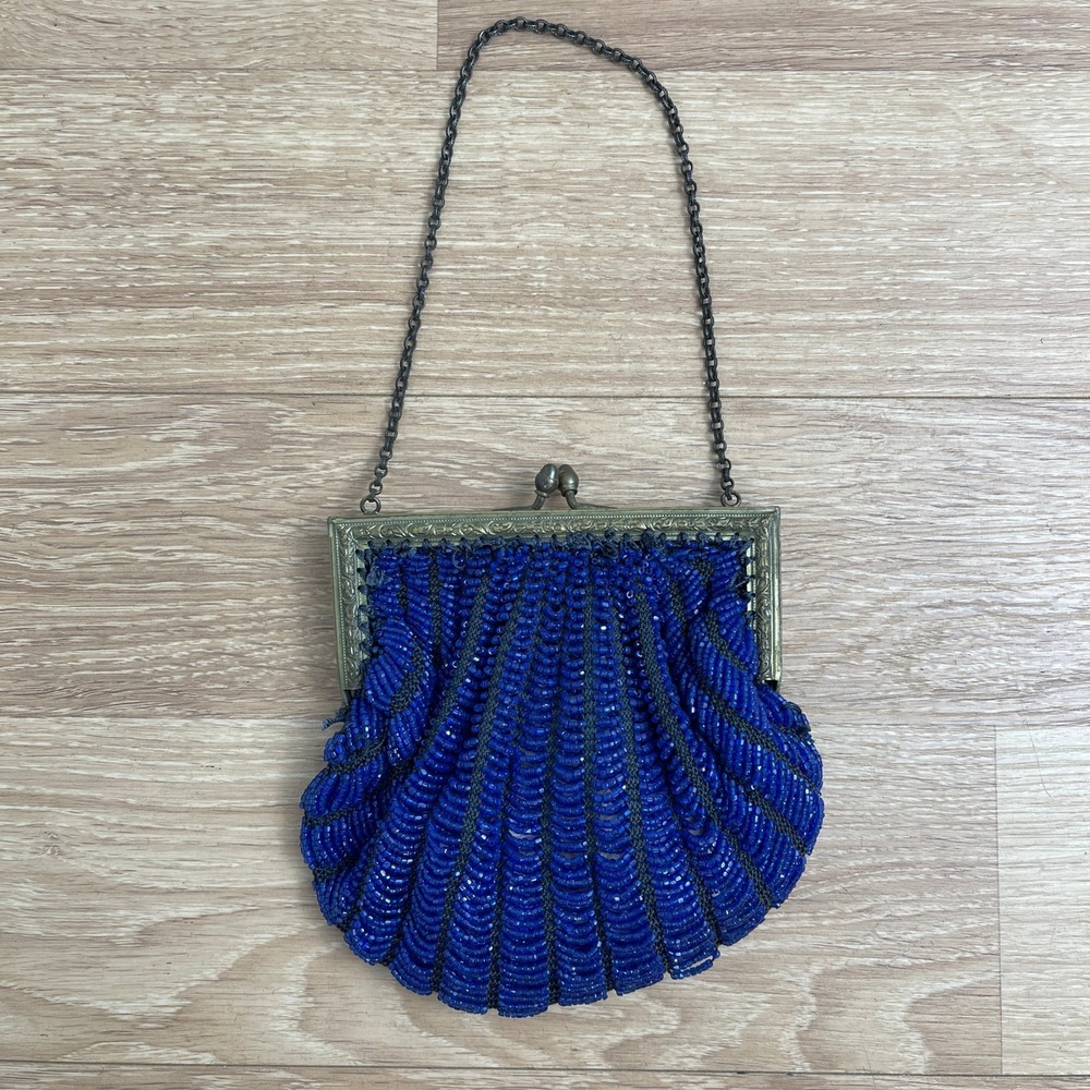 Vintage Cobalt Blue Beaded Evening Bag Kiss Lock Shell Purse Antique Brass Frame